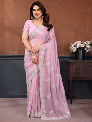 Incredible Baby Pink Embroidered Georgette Party Wear Saree