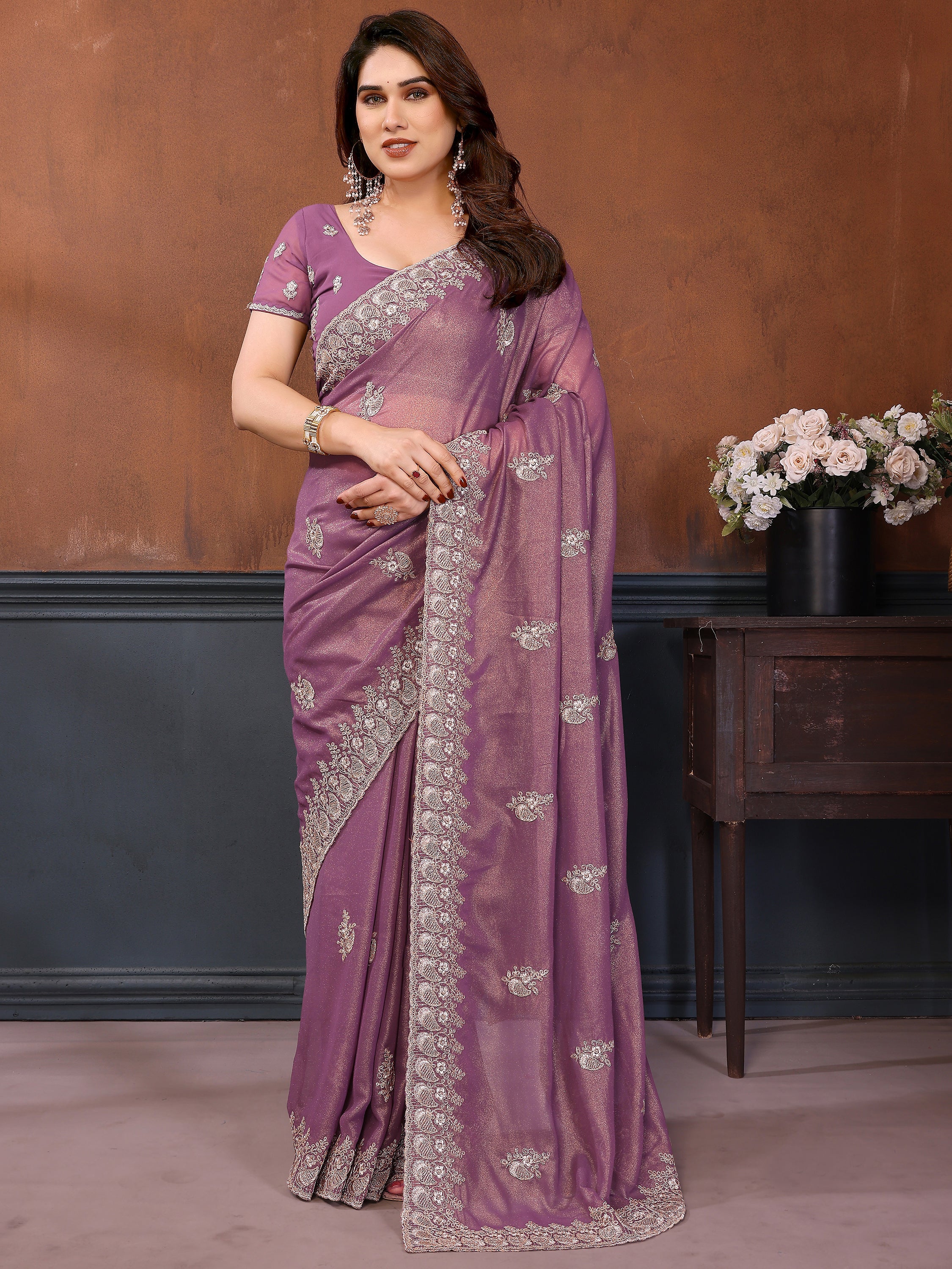 Elegant Dusty Purple Embroidered Georgette Engagement Wear Saree
