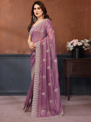 Elegant Dusty Purple Embroidered Georgette Engagement Wear Saree