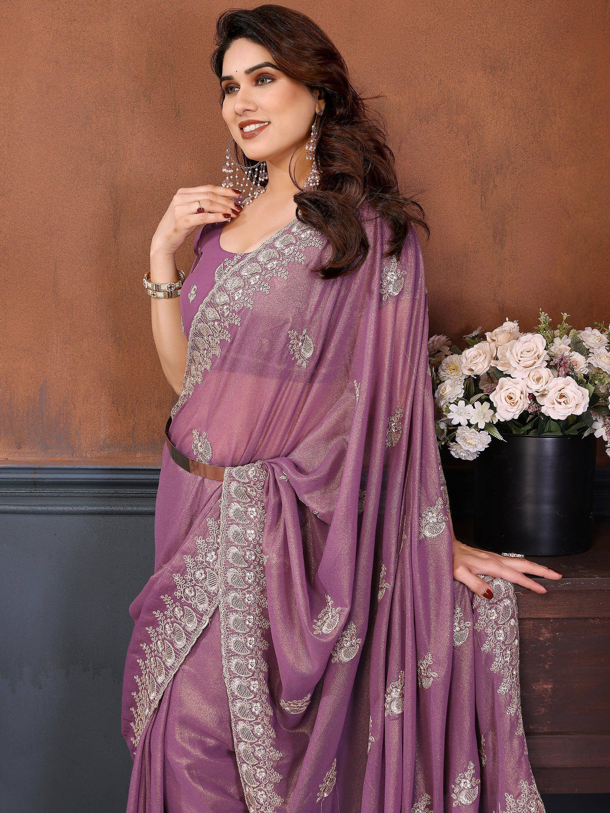 Elegant Dusty Purple Embroidered Georgette Engagement Wear Saree