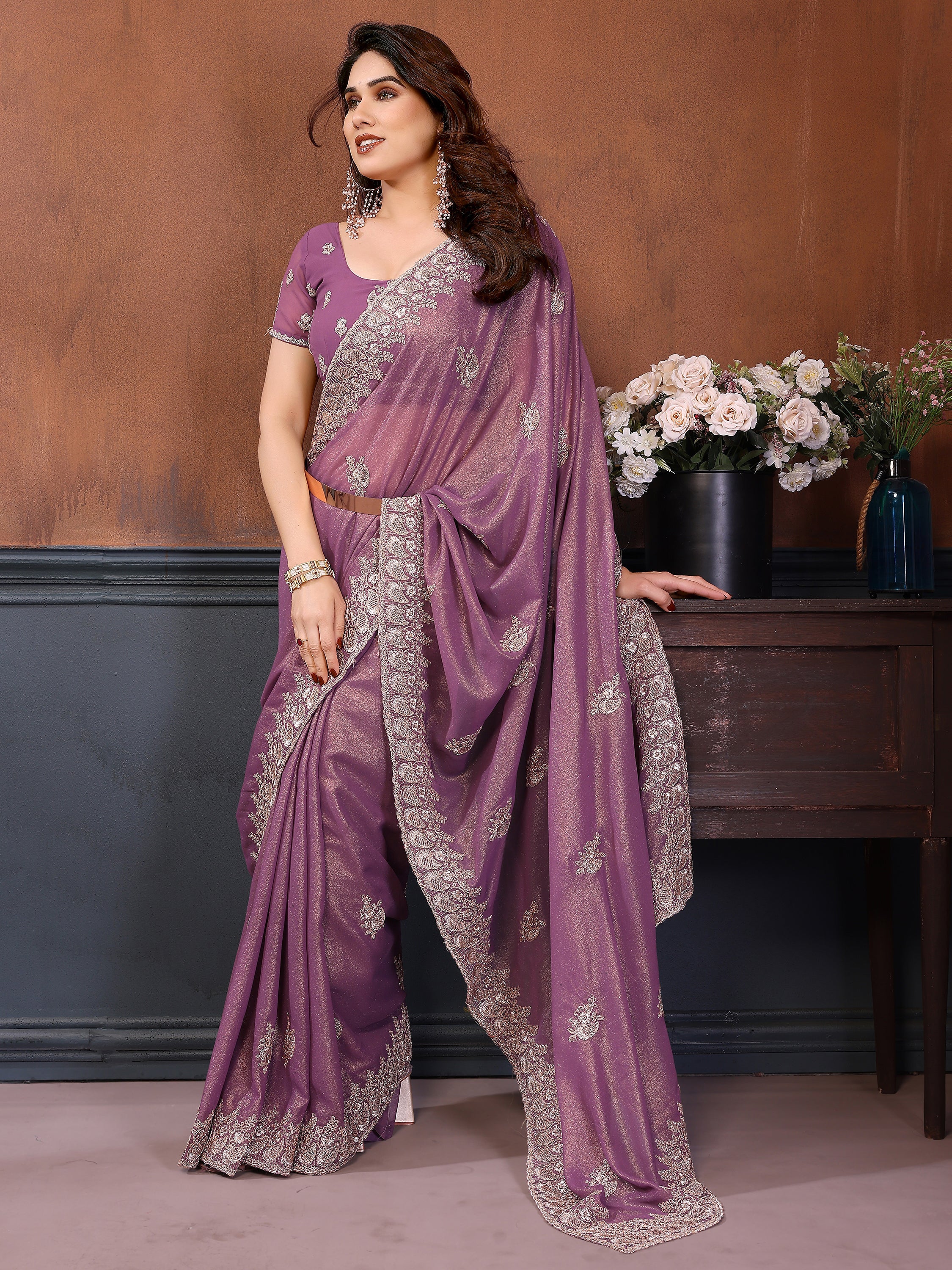 Elegant Dusty Purple Embroidered Georgette Engagement Wear Saree
