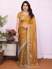 Glamorous Mustard Yellow Embroidered Chiffon Function Wear Saree
