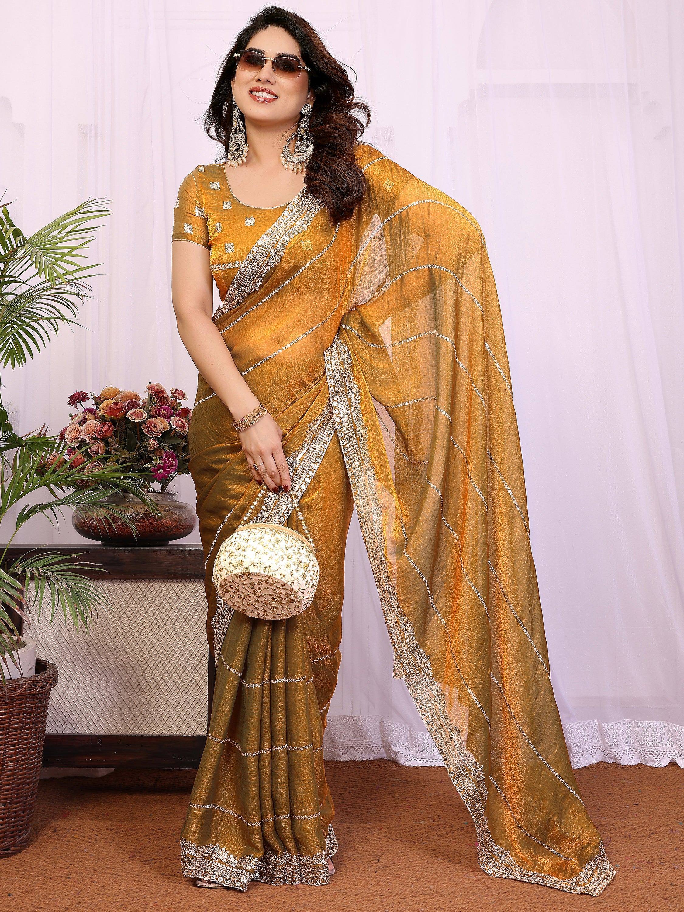 Glamorous Mustard Yellow Embroidered Chiffon Function Wear Saree