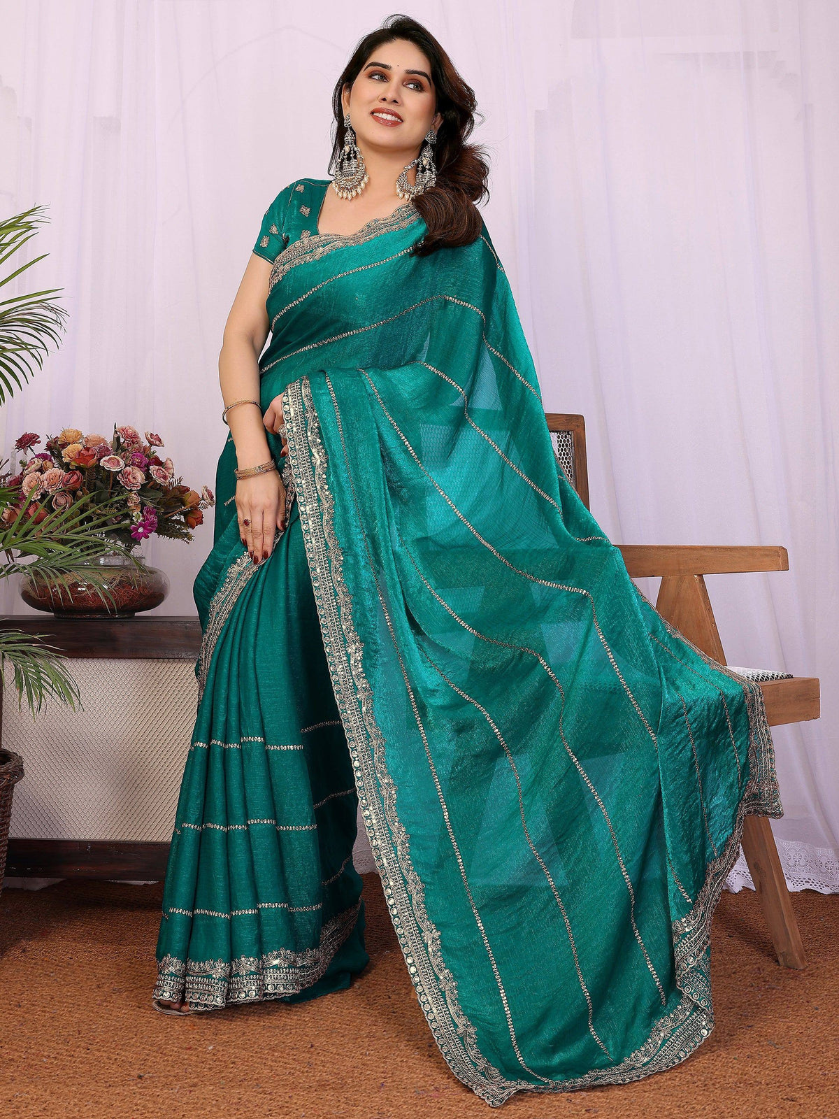 Charming Teal Green Embroidered Chiffon Engagement Wear Saree
