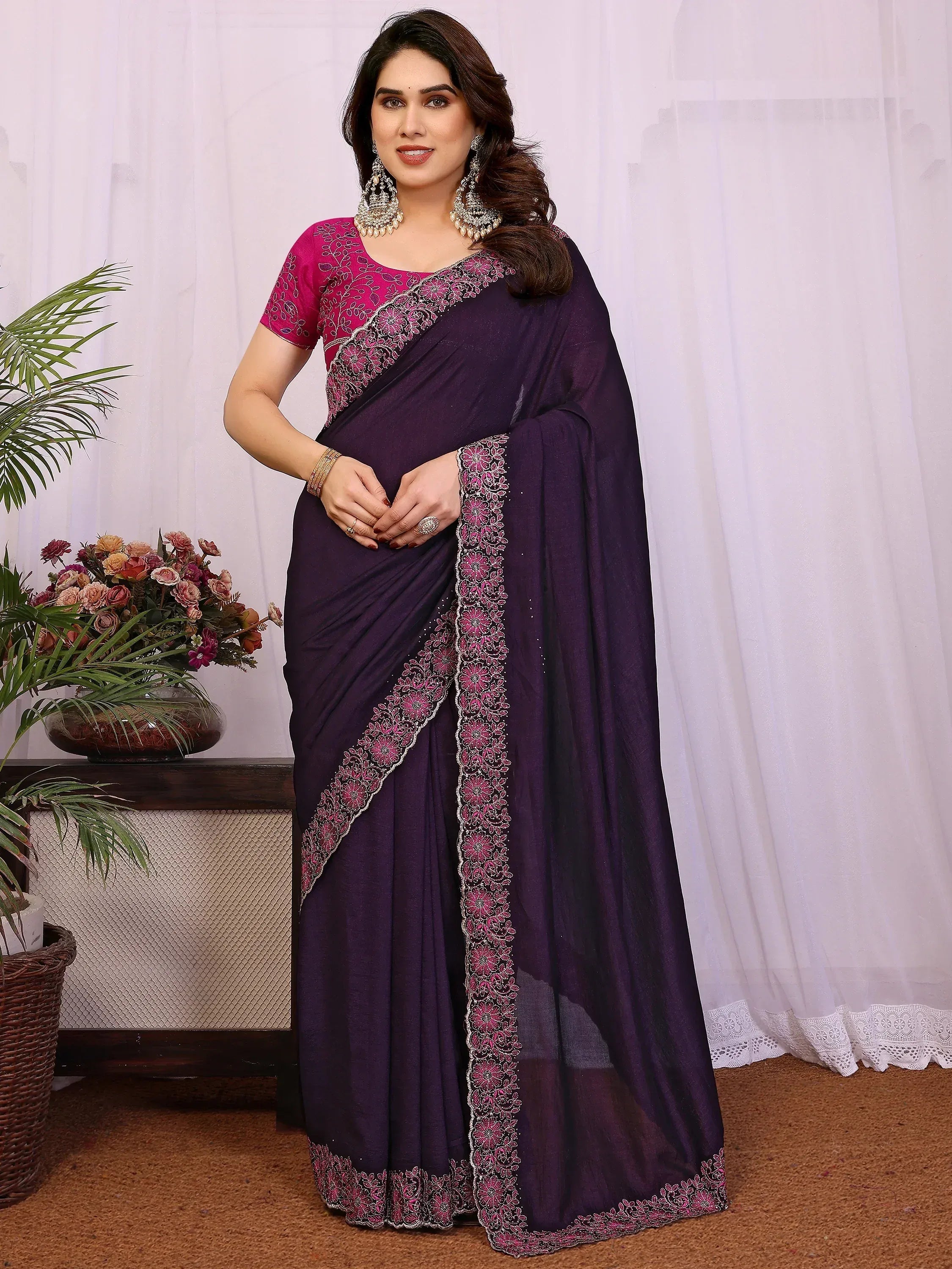 Stylish Purple Lace Work Silk Reception Wear Saree With Blouse