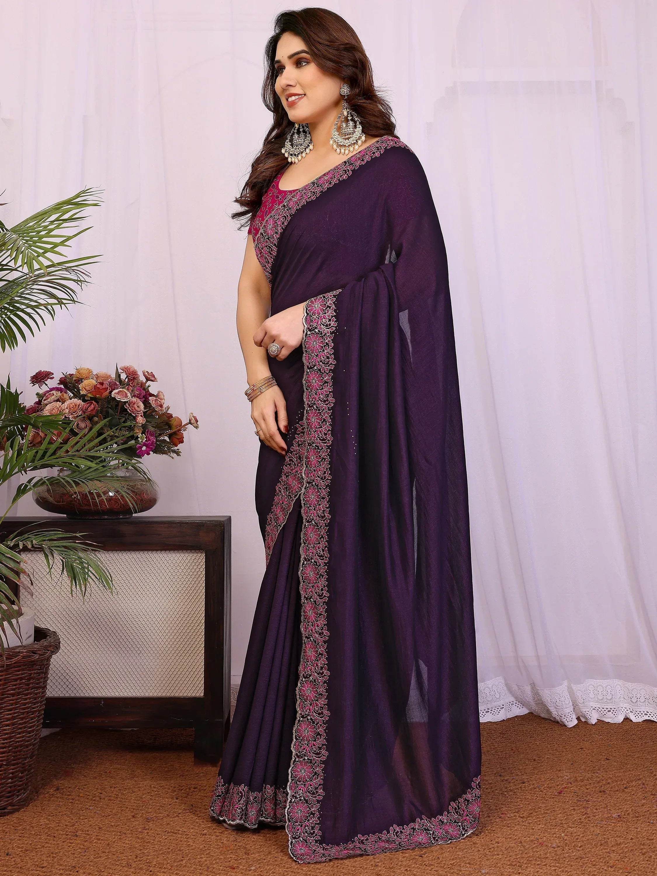 Stylish Purple Lace Work Silk Reception Wear Saree With Blouse