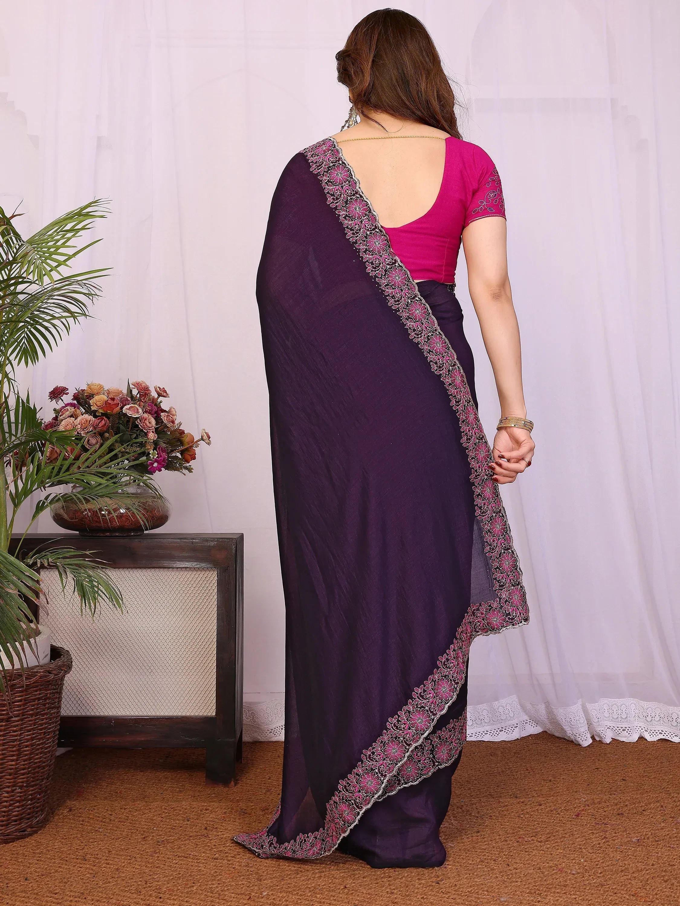 Stylish Purple Lace Work Silk Reception Wear Saree With Blouse