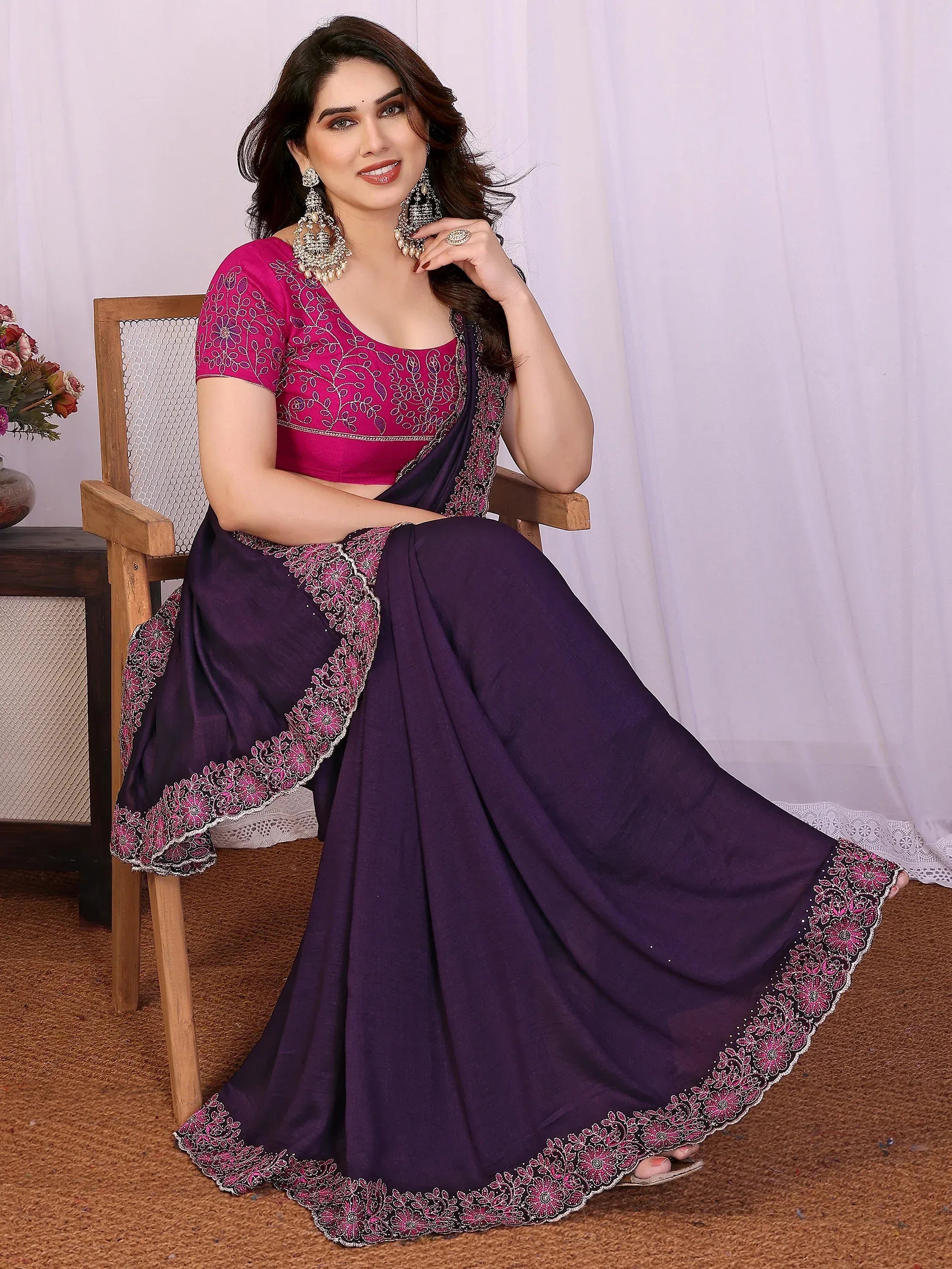 Stylish Purple Lace Work Silk Reception Wear Saree With Blouse