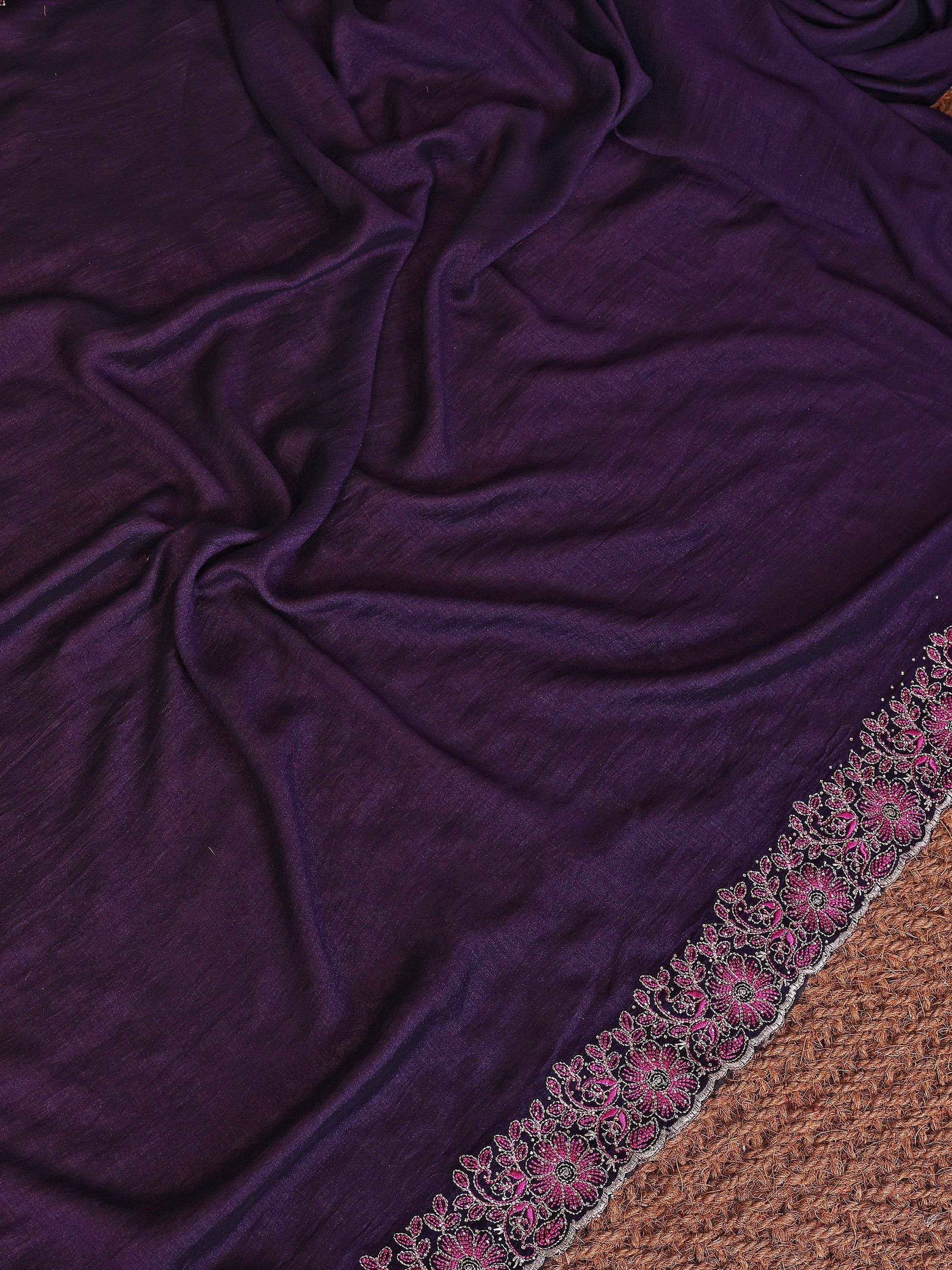 Stylish Purple Lace Work Silk Reception Wear Saree With Blouse
