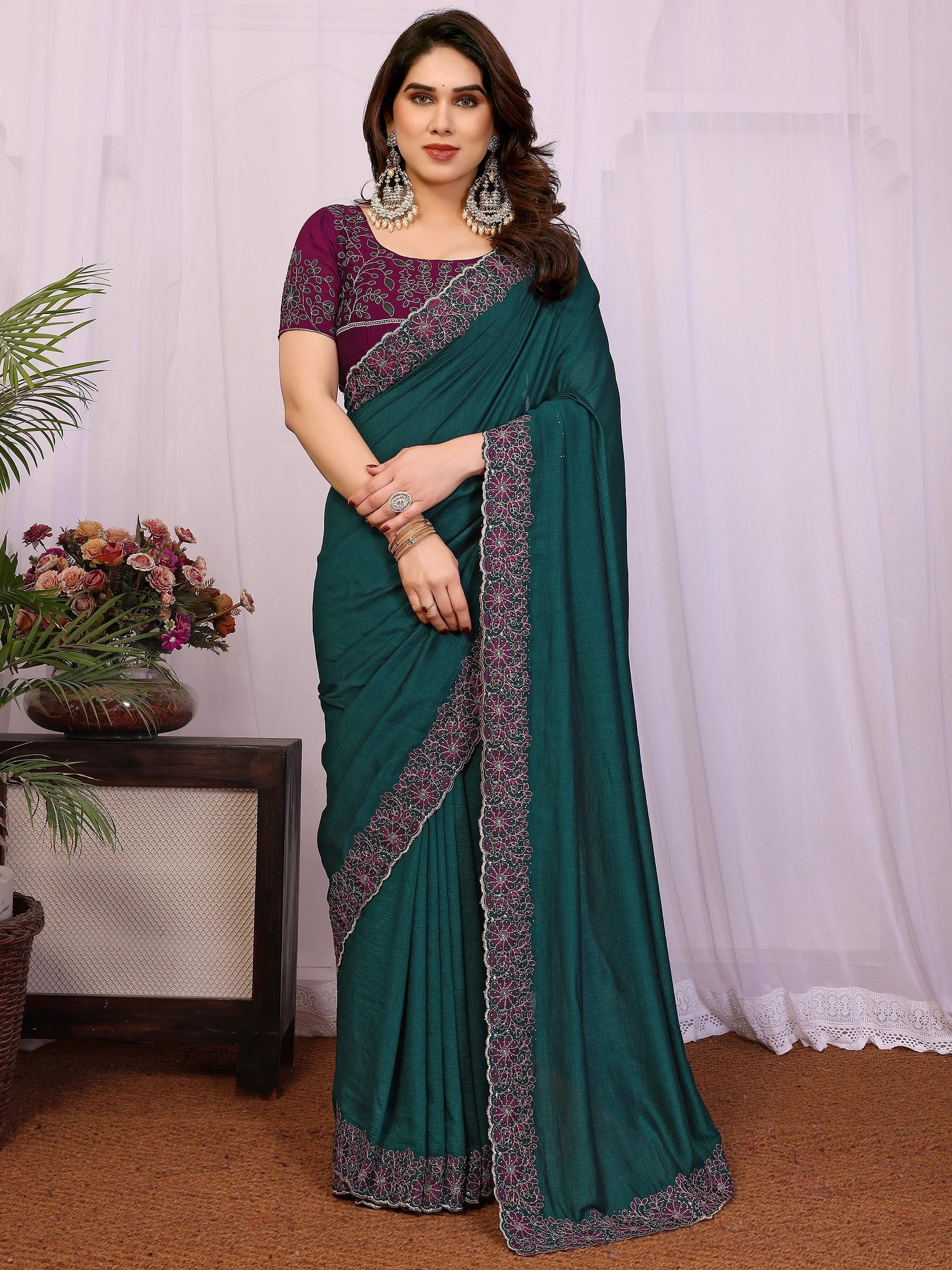 Classic Teal Green Lace Work Silk Festival Wear Saree With Blouse