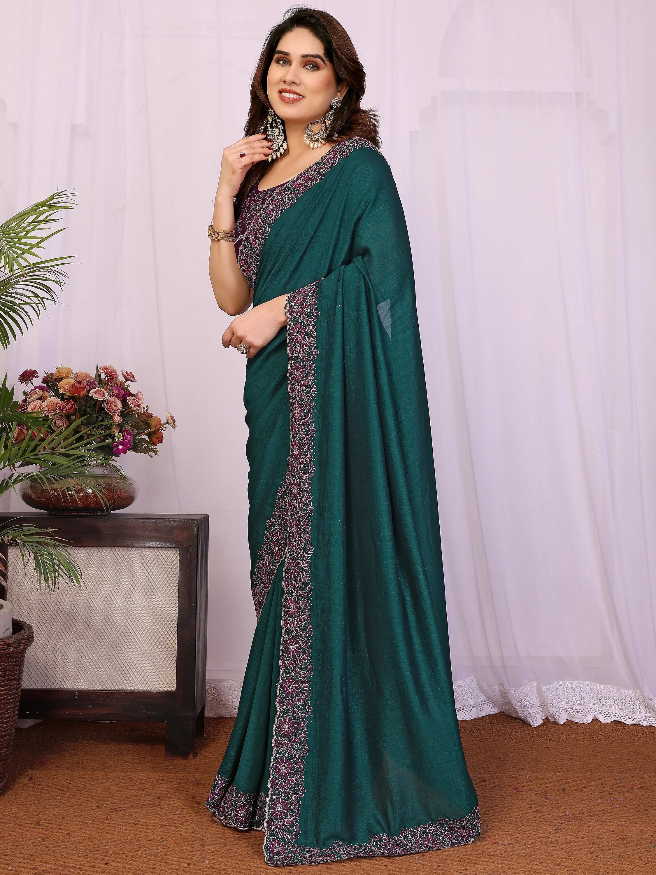 Classic Teal Green Lace Work Silk Festival Wear Saree With Blouse