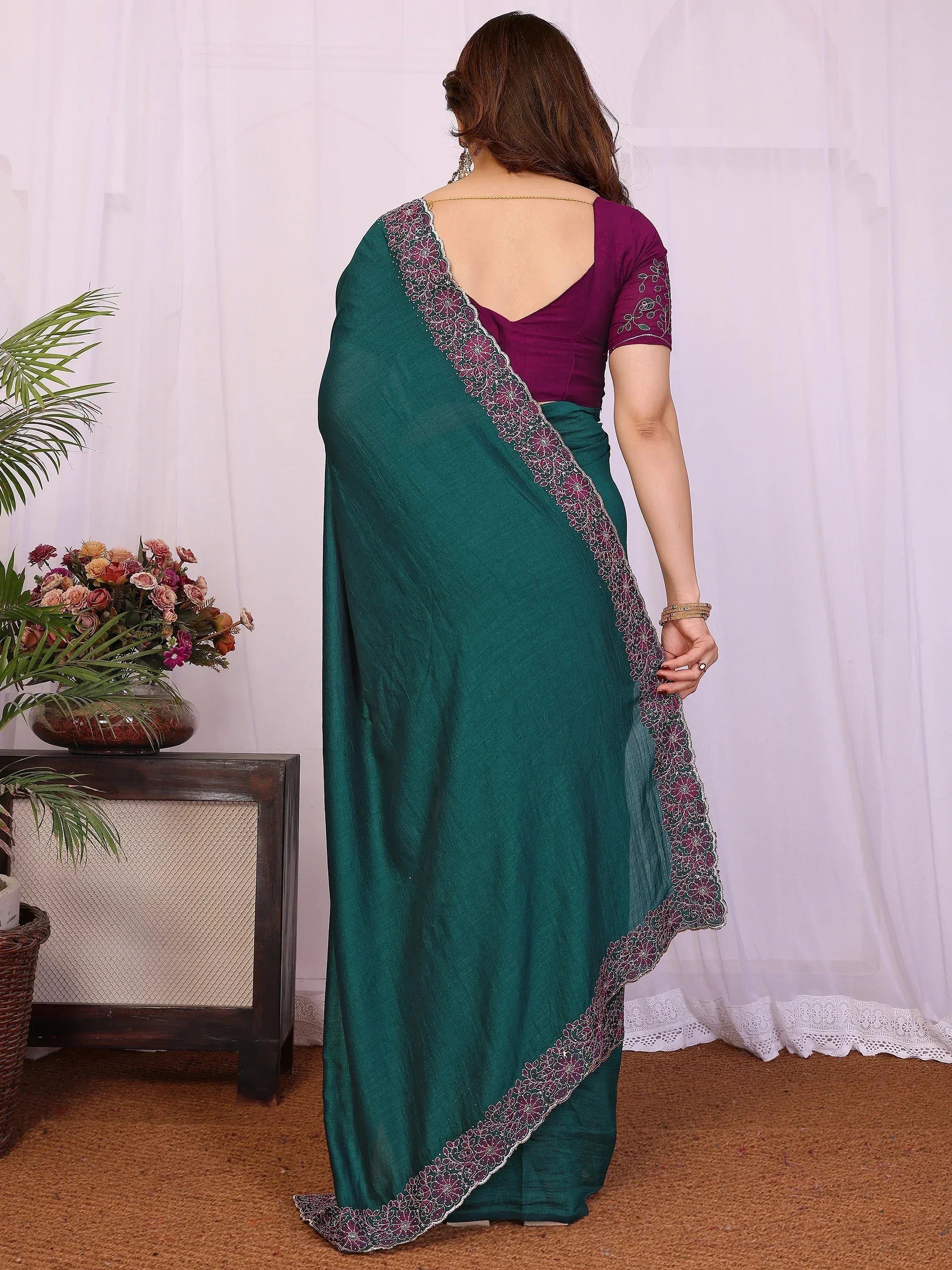 Classic Teal Green Lace Work Silk Festival Wear Saree With Blouse