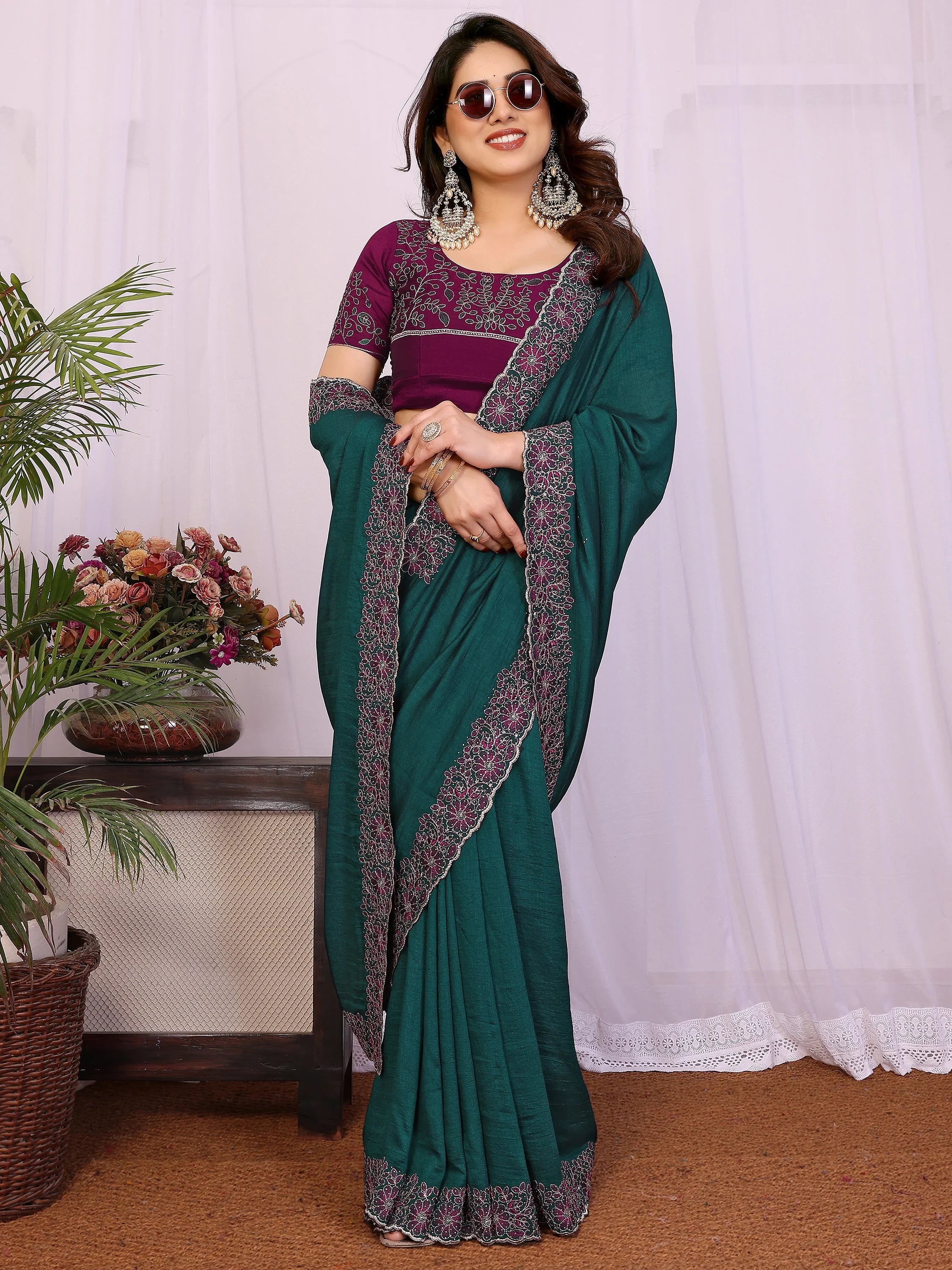 Classic Teal Green Lace Work Silk Festival Wear Saree With Blouse