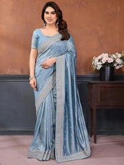 Attractive Dusty Blue Zari Embroidered Silk Party Wear Saree With Blouse