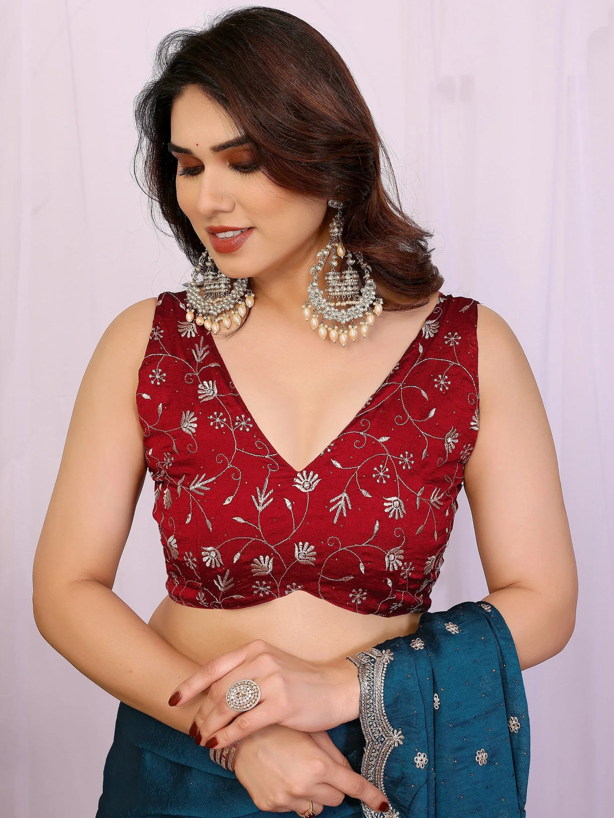 Alluring Teal Blue Embroidered Silk Wedding Wear Saree With Blouse