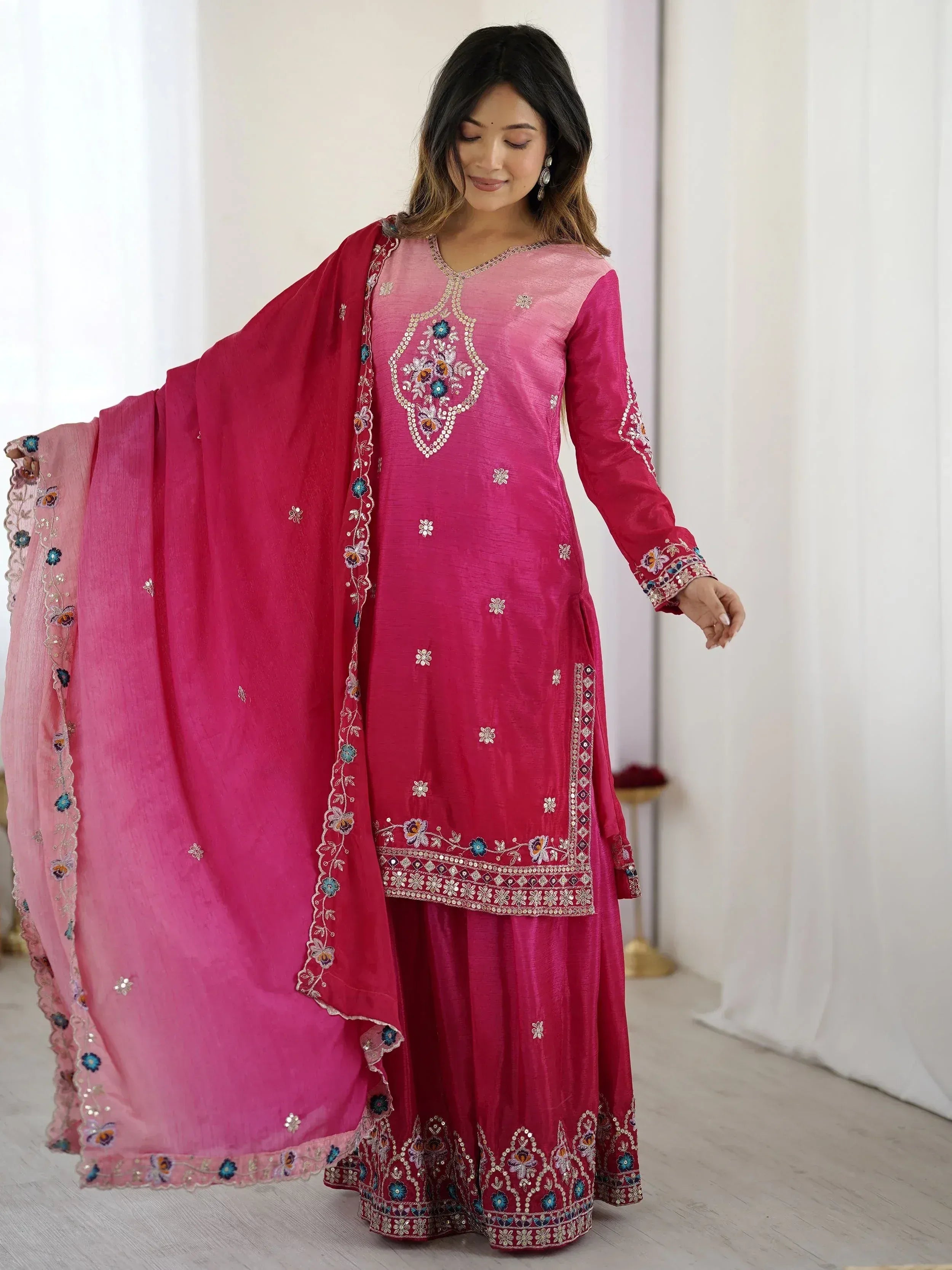 Pink embroidered salwar kameez with floral detailing and matching dupatta, Indian ethnic wear