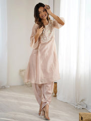 Sweet Peach Organza Embroidered Festive Kurti With Dhoti Pants