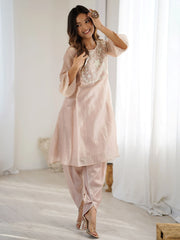 Sweet Peach Organza Embroidered Festive Kurti With Dhoti Pants