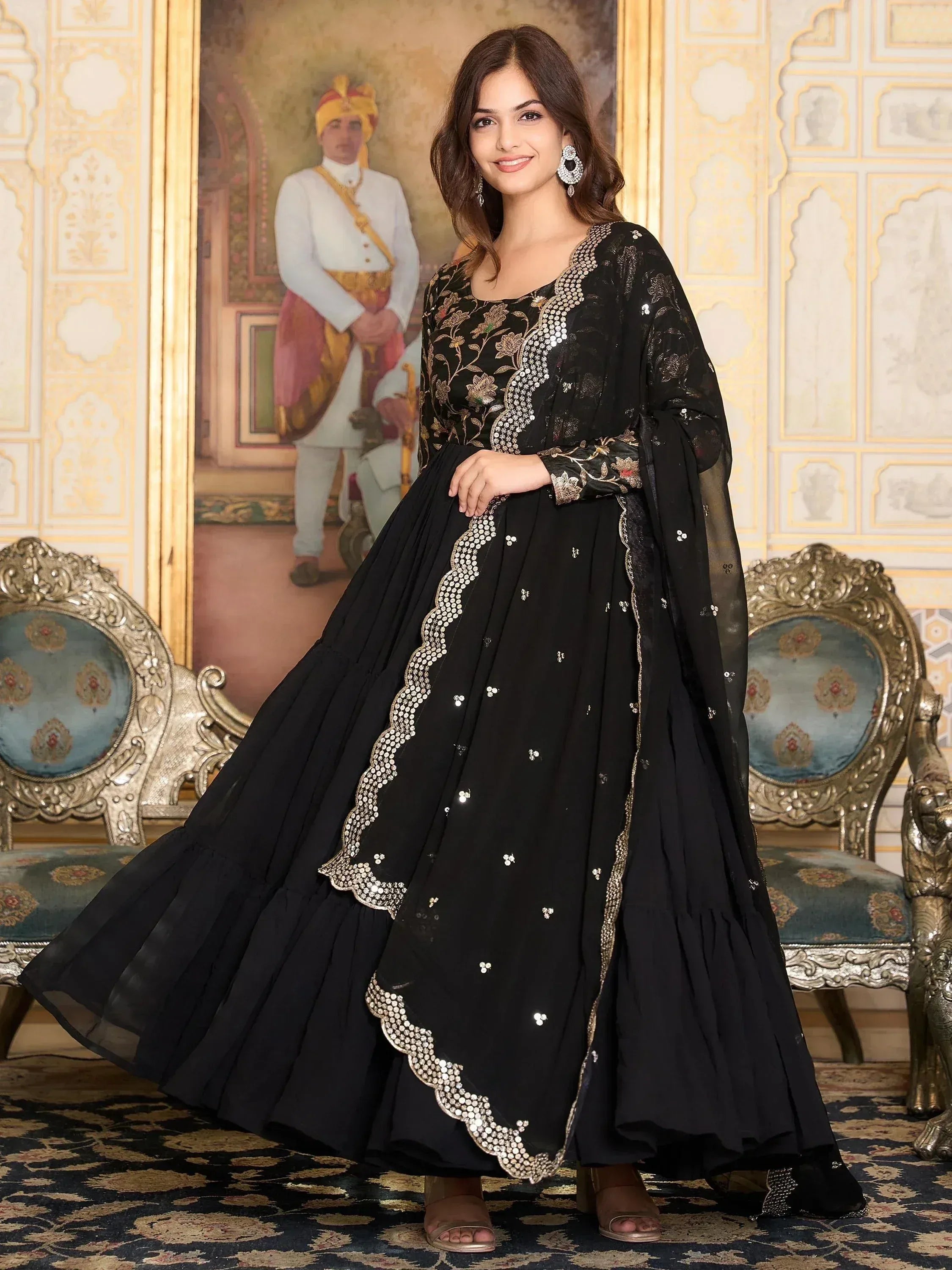 Elegant black embroidered anarkali suit with sequin detailing, perfect for Indian ethnic wear occasions.