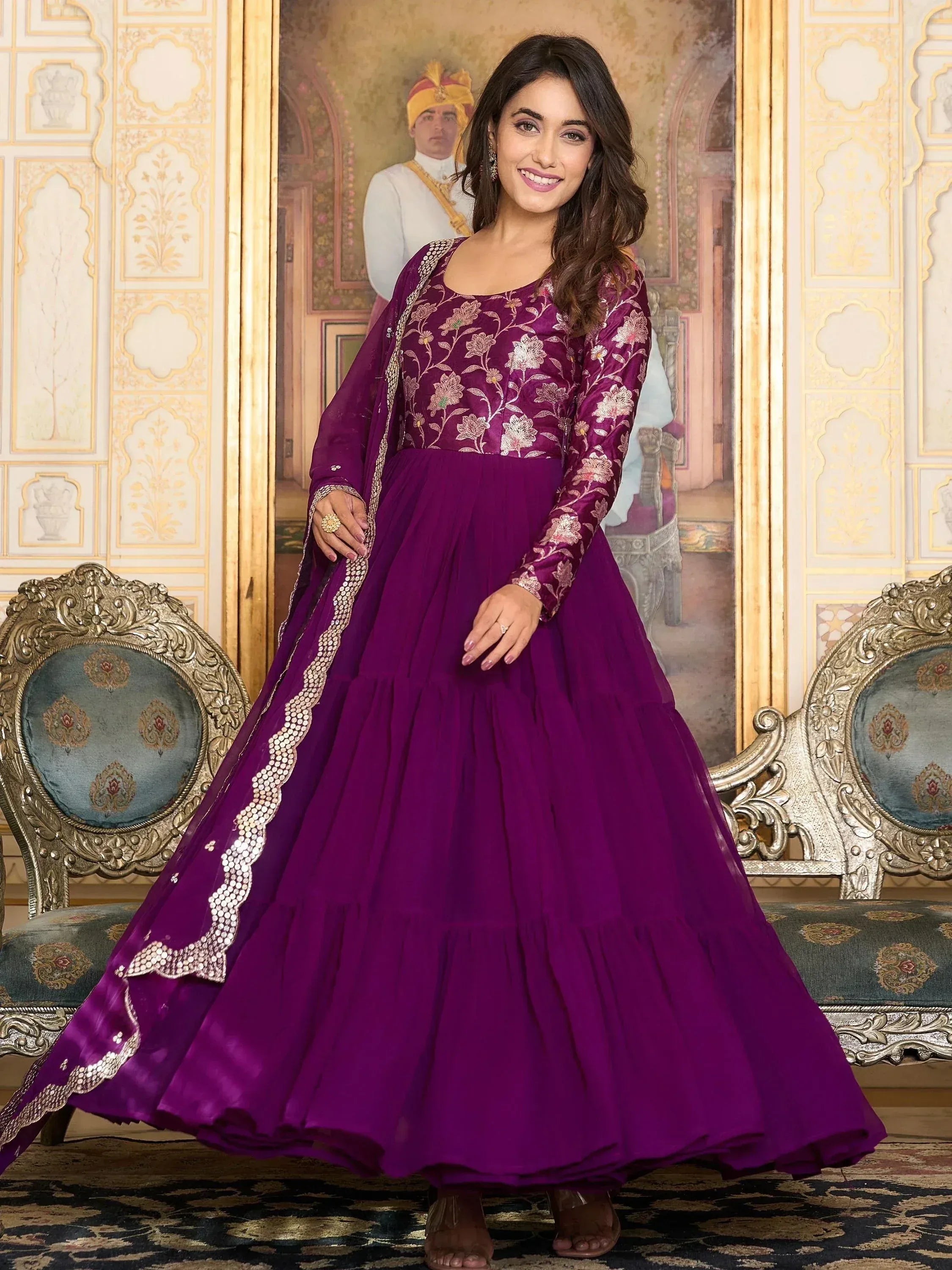 Purple embroidered anarkali suit with floral design and sequin border, ideal for Indian ethnic occasions