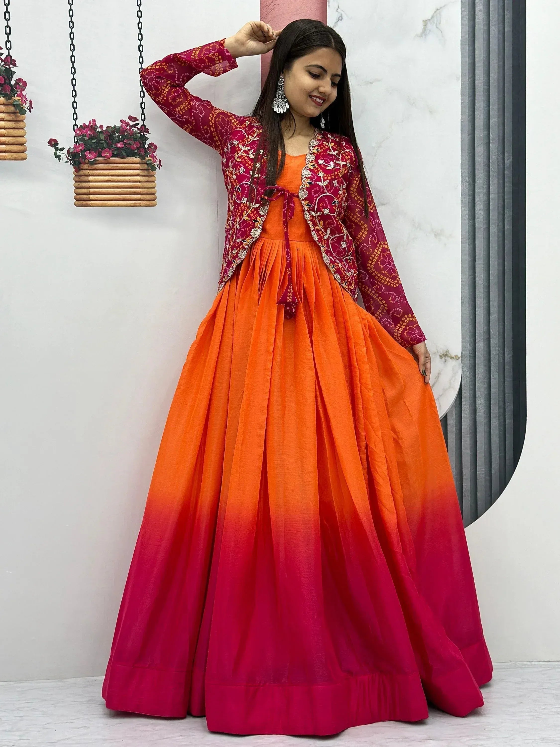 Orange to pink ombre ethnic gown with embroidered maroon jacket