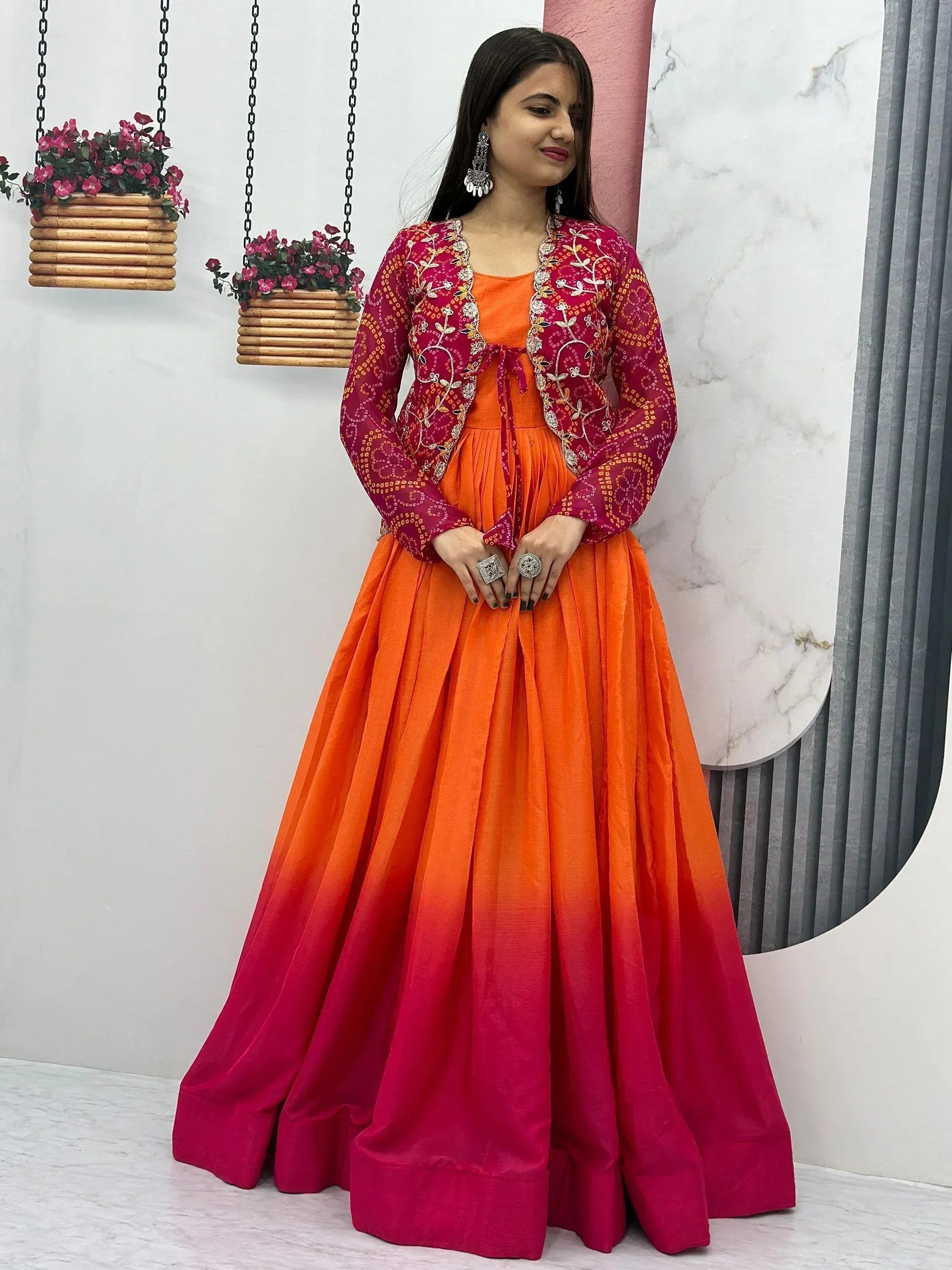 Orange to pink ombre ethnic gown with embroidered jacket for women
