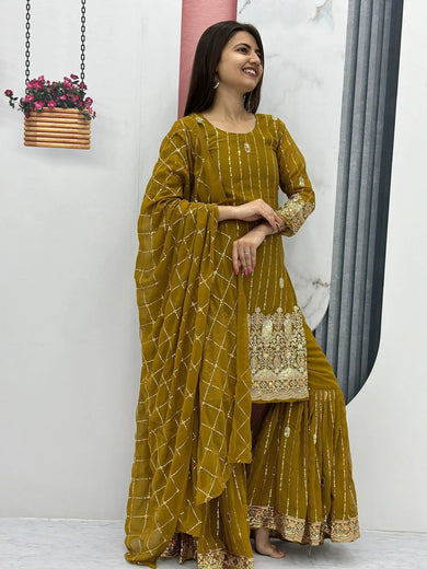 Attractive Olive Green Sequins Georgette Sharara Suit With Dupatta