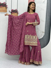 Woman in magenta embroidered salwar kameez with dupatta, Ethnic Plus Indian ethnic wear