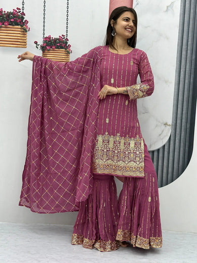 Adorable Pink Sequins Georgette Event Wear Sharara Suit With Dupatta