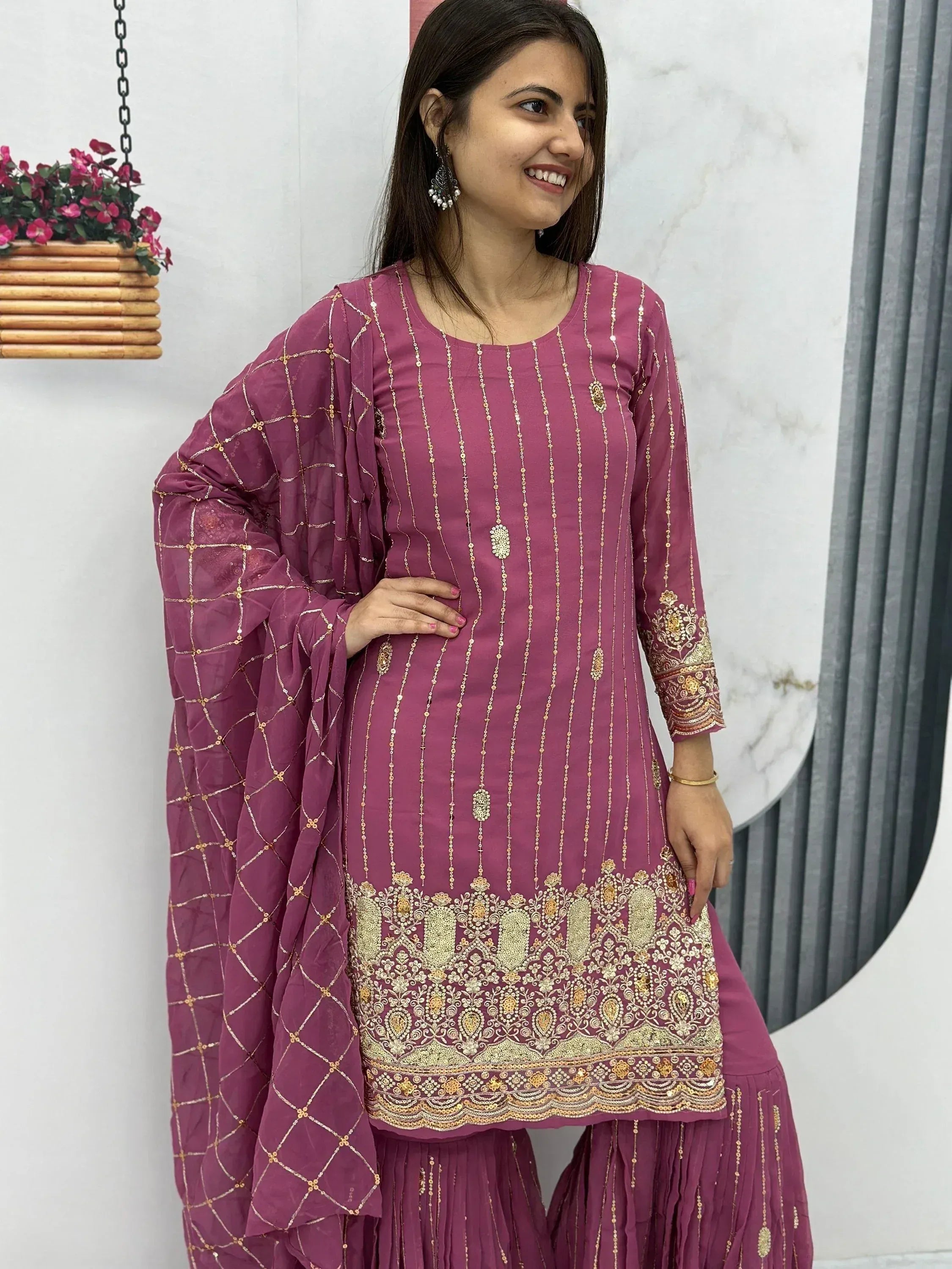 Purple embroidered salwar kameez with gold threadwork and matching dupatta, Indian ethnic wear