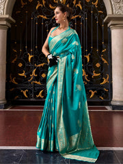 Dear Turquoise Blue Zari Weaving Silk Function Wear Saree With Blouse