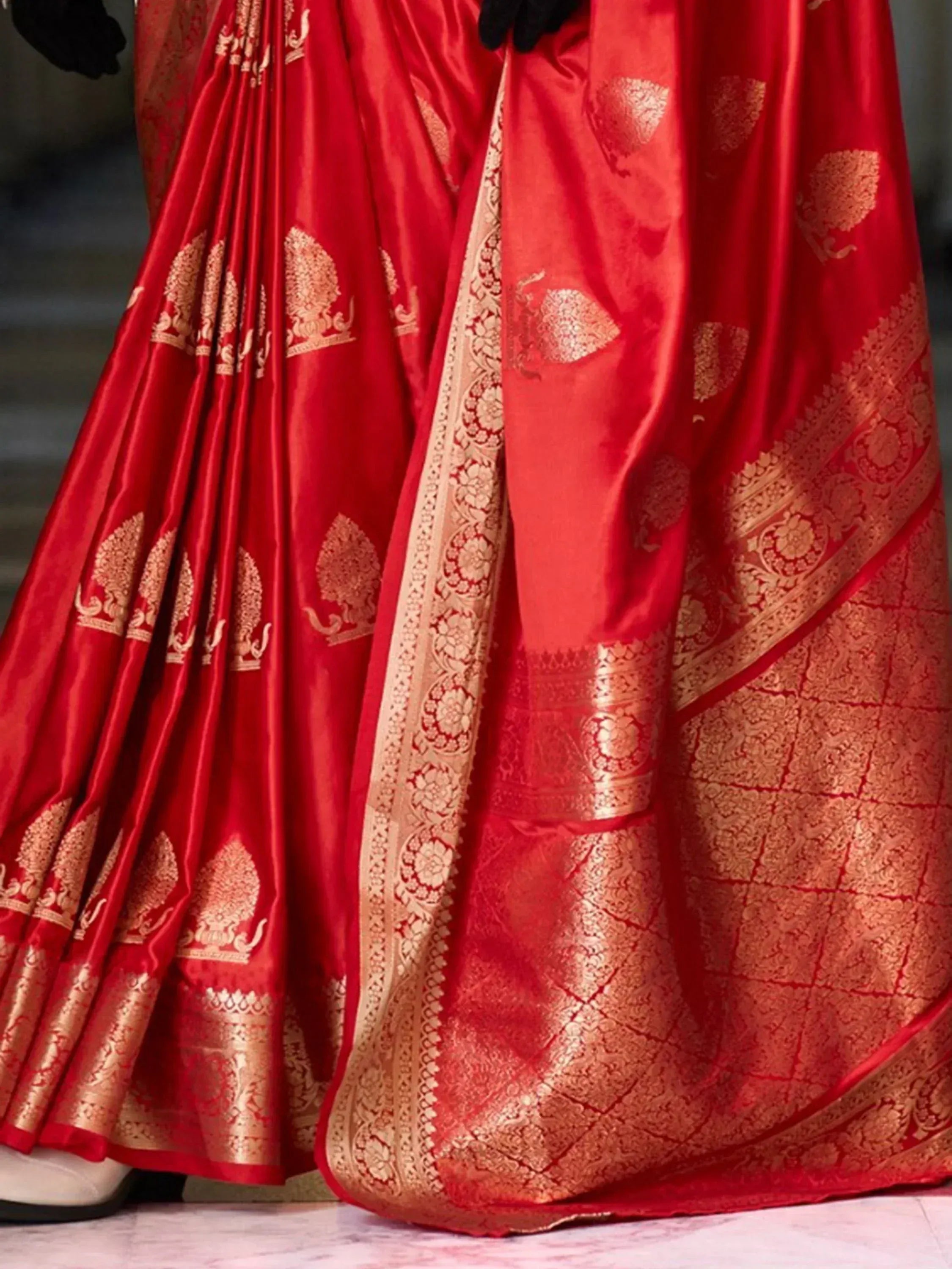 Red silk saree with gold zari work, traditional Indian ethnic wear for weddings and festivals