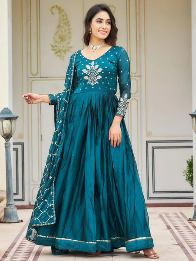 Pretty Teal Blue Sequins Rangoli Silk Reception Wear Gown With Dupatta