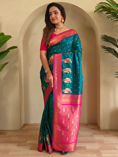 Astonishing Teal Green Paithani Silk Contrast Pallu Work Saree With Blouse