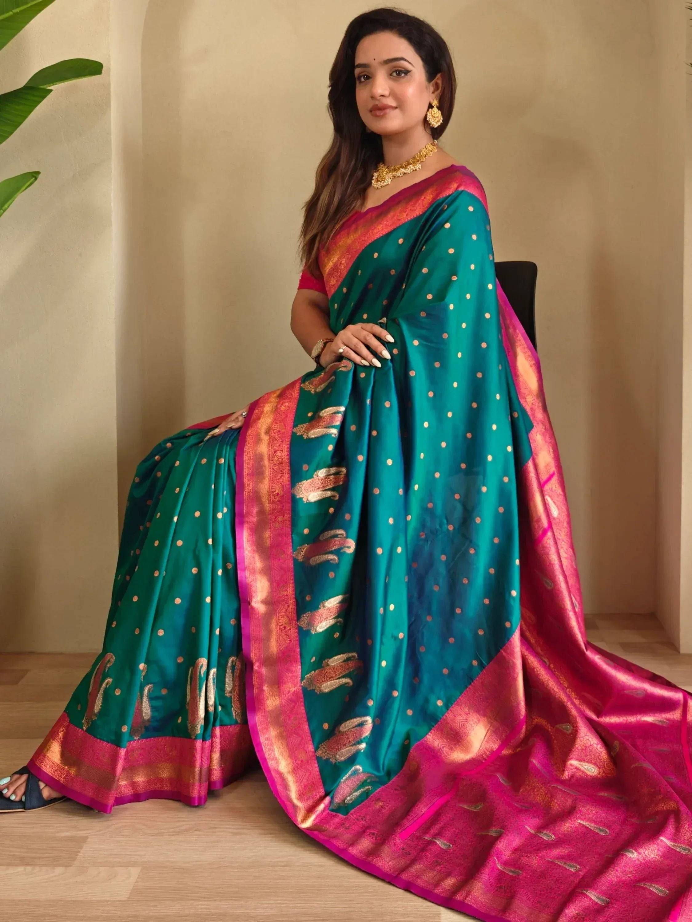 Astonishing Teal Green Paithani Silk Contrast Pallu Work Saree With Blouse
