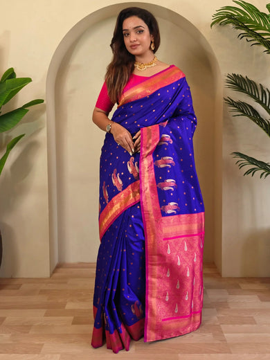 Gorgeous Blue Paithani Silk Zari Weaving Festive Wear Saree With Blouse