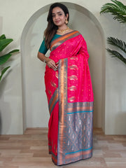 Charming Hot Pink Paithani Silk Zari Weaving Saree With Blouse