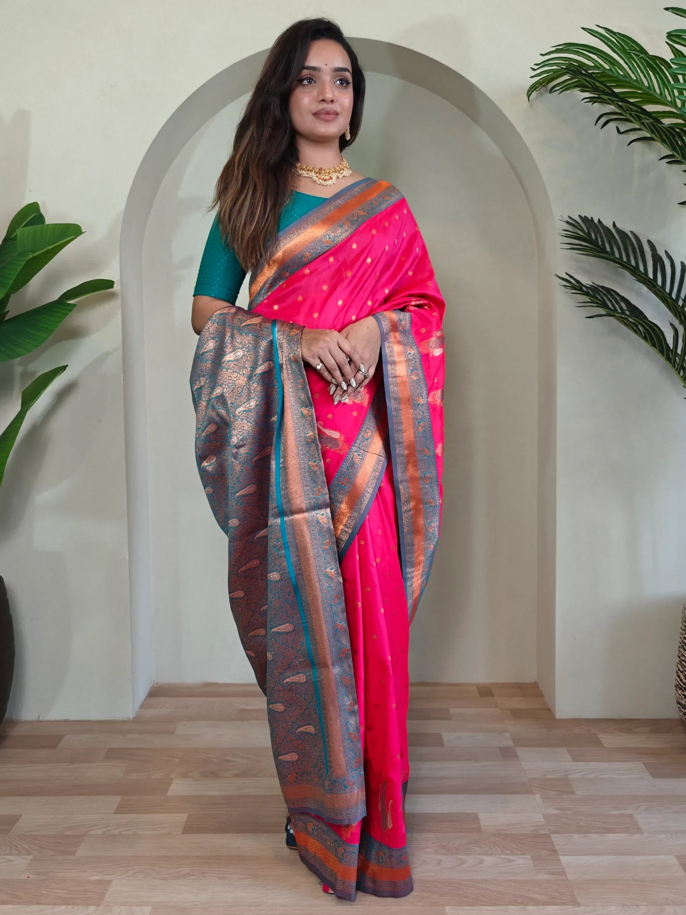 Charming Hot Pink Paithani Silk Zari Weaving Saree With Blouse