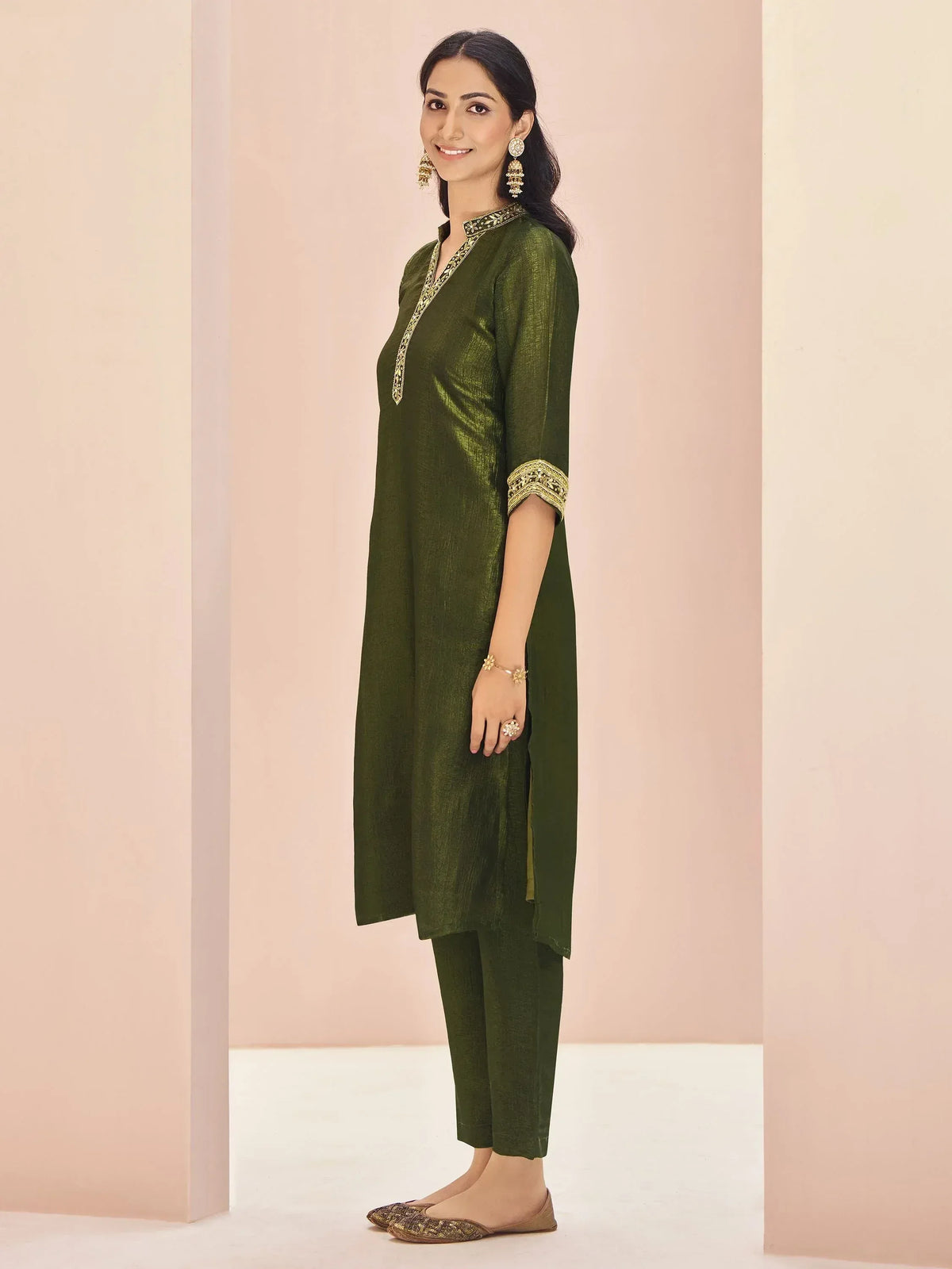 Olive green ethnic kurta set with gold embroidery, perfect for Indian wear and festive occasions.