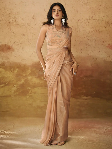 Marvelous Peach Hand Work Organza Ready To Wear Saree With Blouse