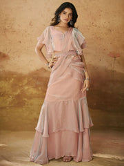 Adorable Baby Pink Ruffles Organza Ready To Wear Saree With Blouse