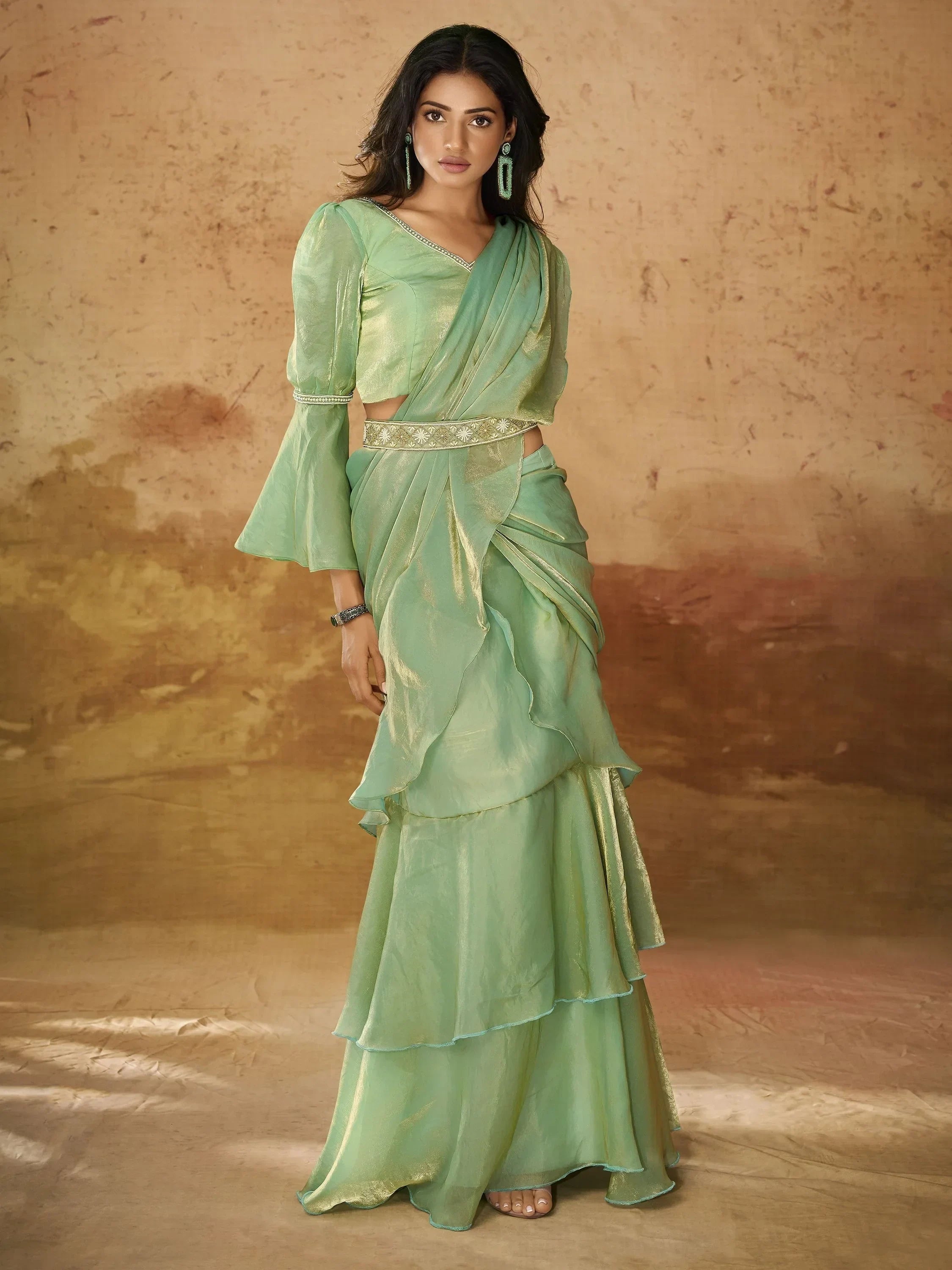Majestic Pista Color Ruffles Work Organza Ready To Wear Saree With Blouse