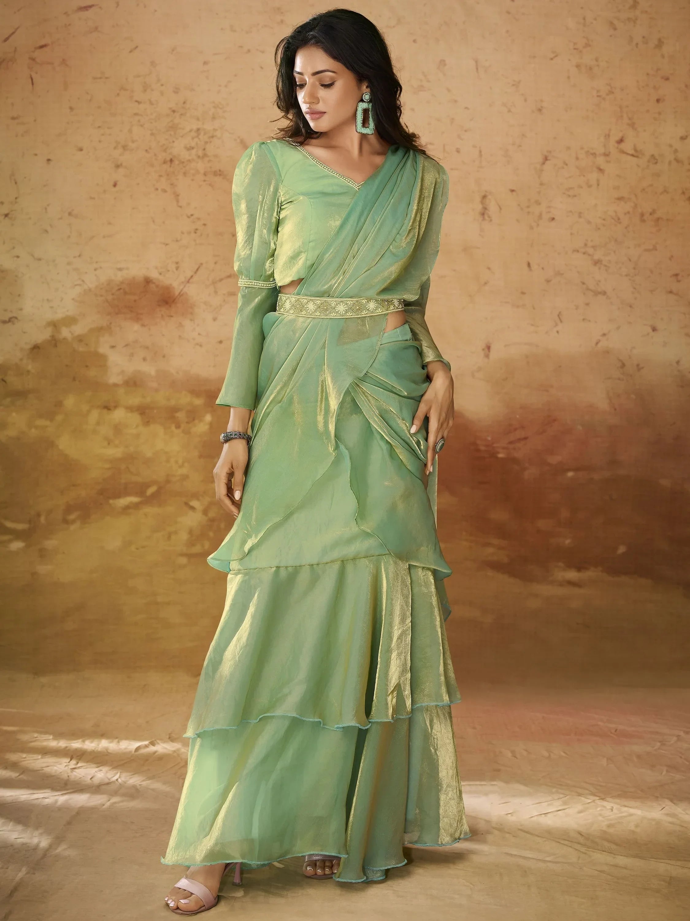 Majestic Pista Color Ruffles Work Organza Ready To Wear Saree With Blouse