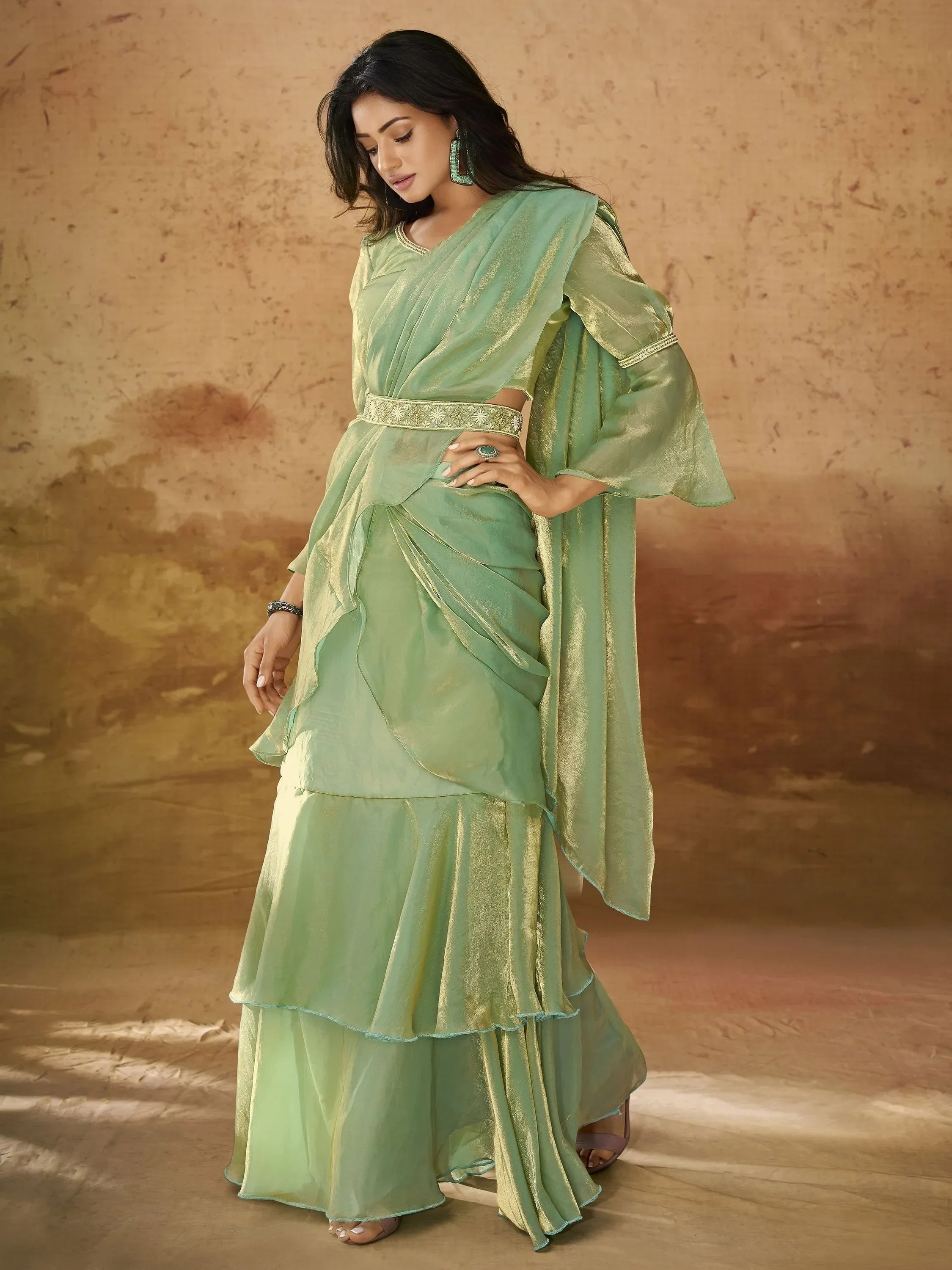 Majestic Pista Color Ruffles Work Organza Ready To Wear Saree With Blouse