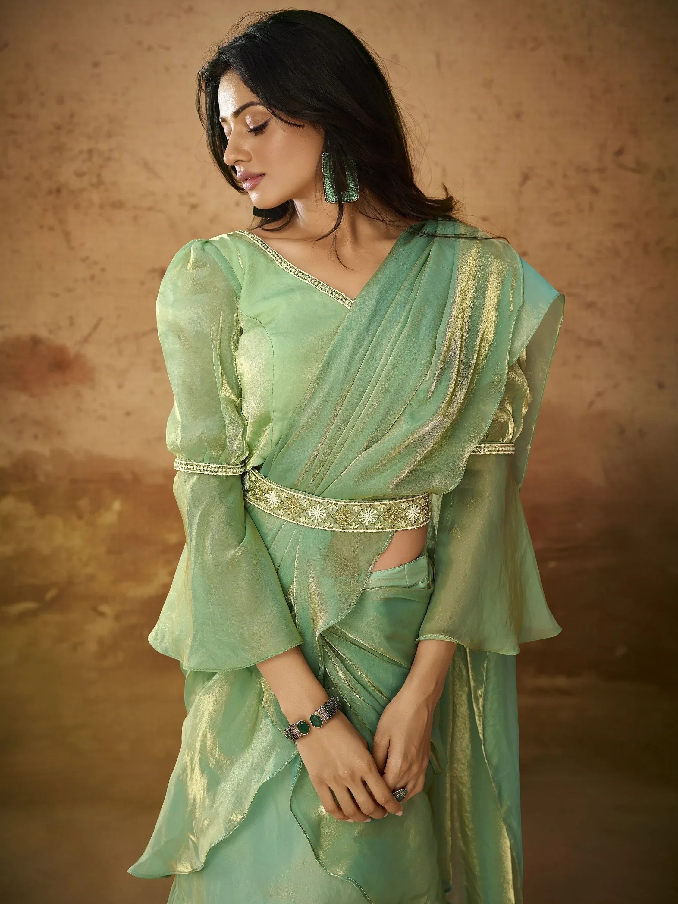 Majestic Pista Color Ruffles Work Organza Ready To Wear Saree With Blouse