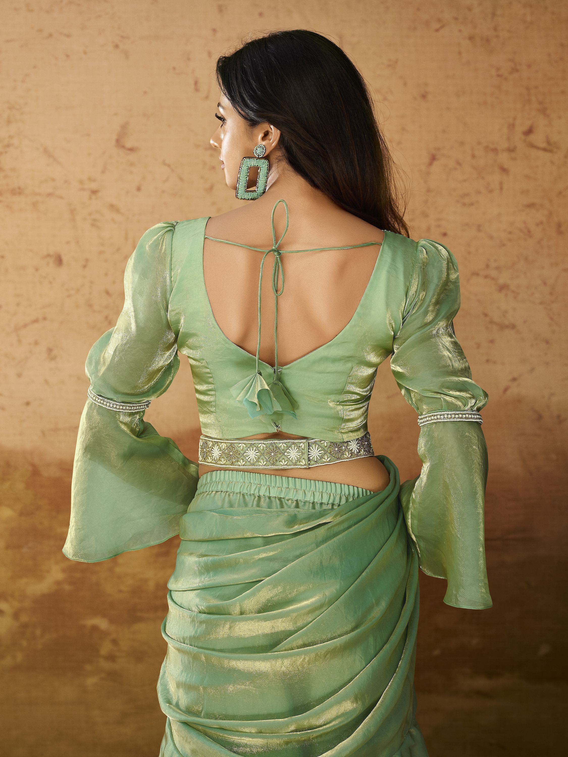 Majestic Pista Color Ruffles Work Organza Ready To Wear Saree With Blouse