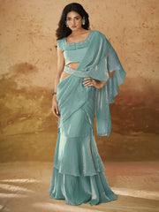 Pretty Turquoise Ruffles Work Organza Ready To Wear Saree With Blouse