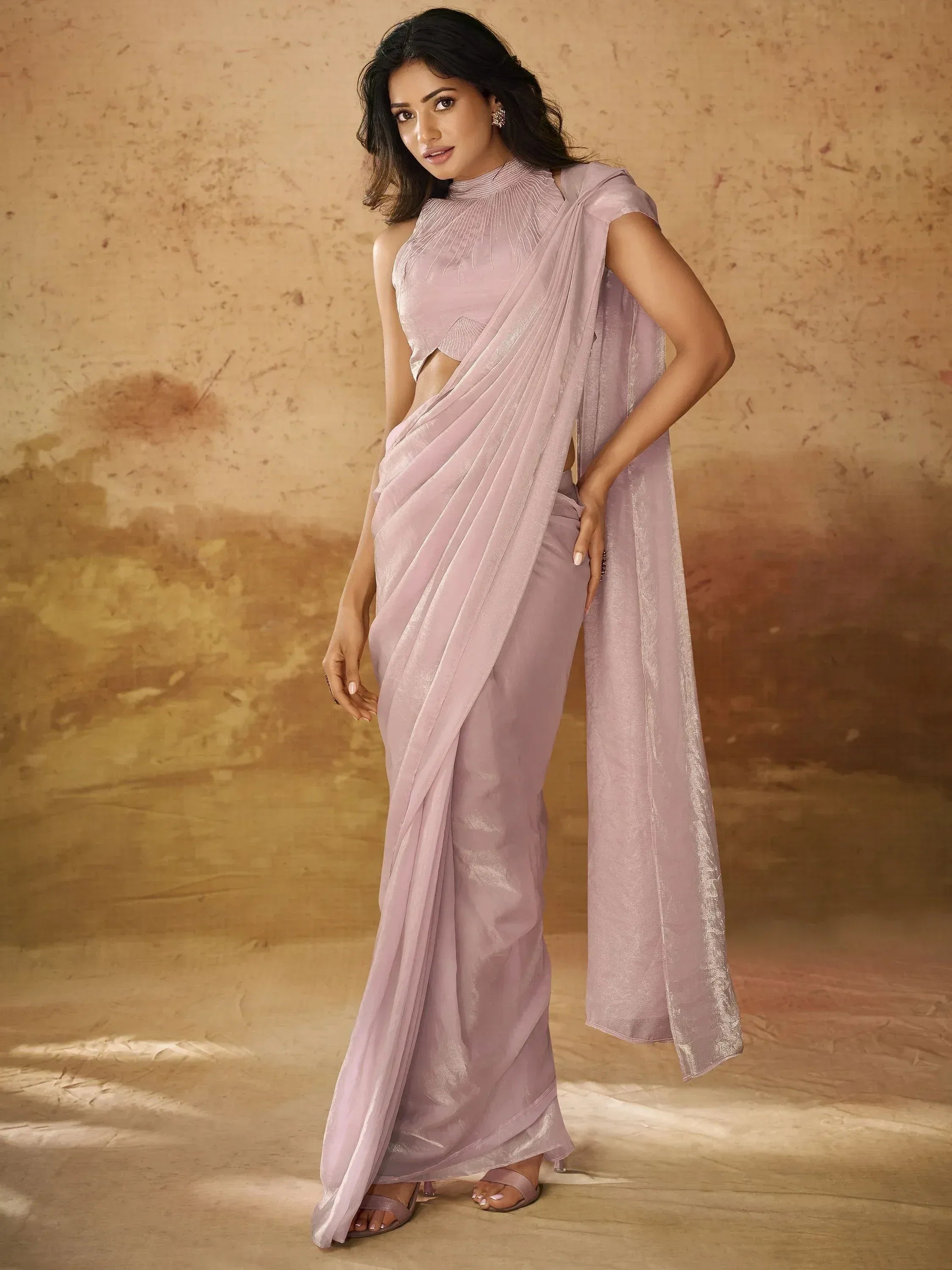 Elegant lavender saree with high-neck blouse, perfect for Indian ethnic wear occasions