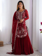 Awesome Red Sequins Georgette Festive Wear Sharara Suit With Dupatta