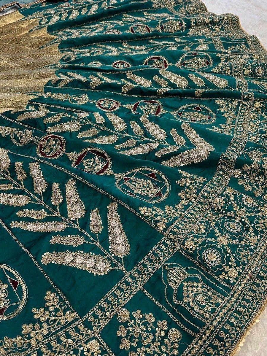 Emerald green lehenga with gold embroidery and sequin work, Indian ethnic wear
